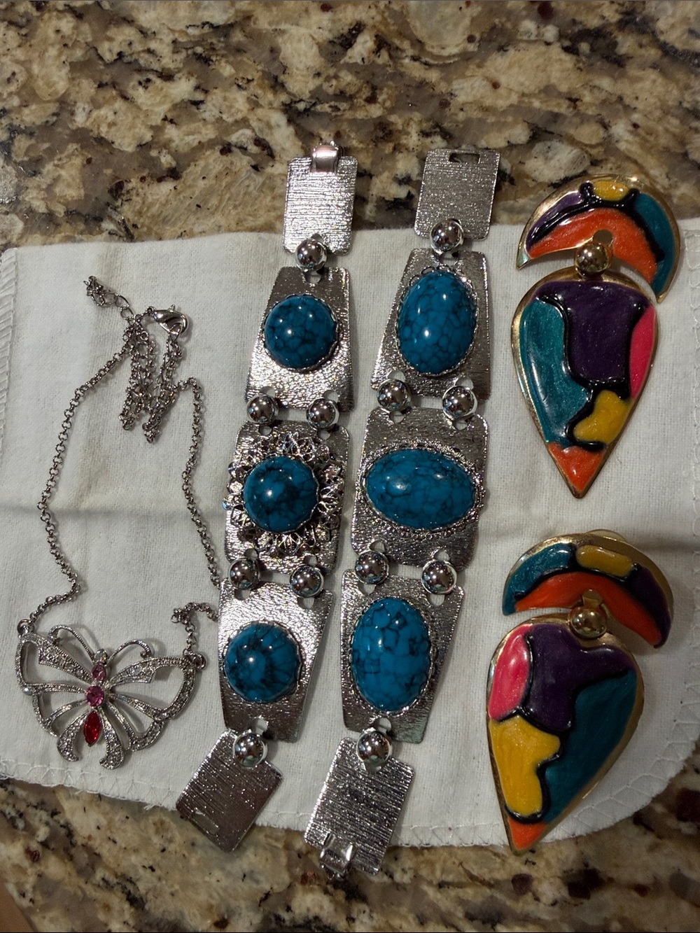 Silver-Tone Turquoise Stone Bracelet - Blue, butterfly necklace, Earrings